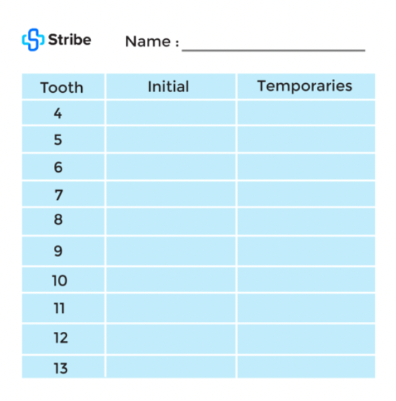 Stribe tooth measurement chart for initial and temporary lengths