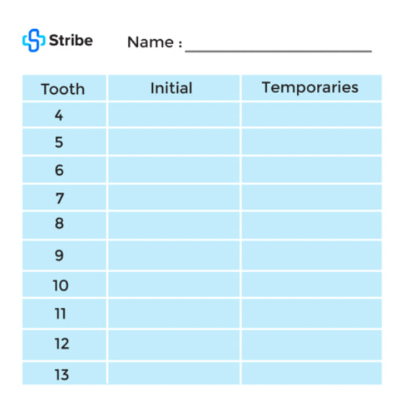 Stribe Post-it chart for recording initial and temporary tooth lengths, teeth 4 to 13
